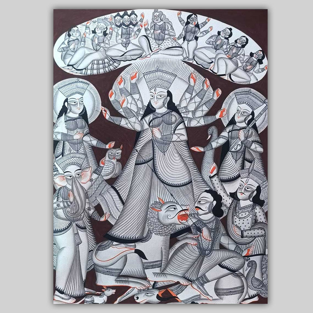 30 x 22 Inch | Durga Puja Themed | Original Hand Painted Kalighat Painting | Natural Pigment On Paper