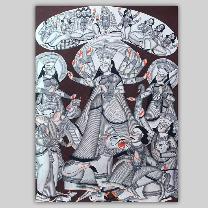 30 x 22 Inch | Durga Puja Themed | Original Hand Painted Kalighat Painting | Natural Pigment On Paper