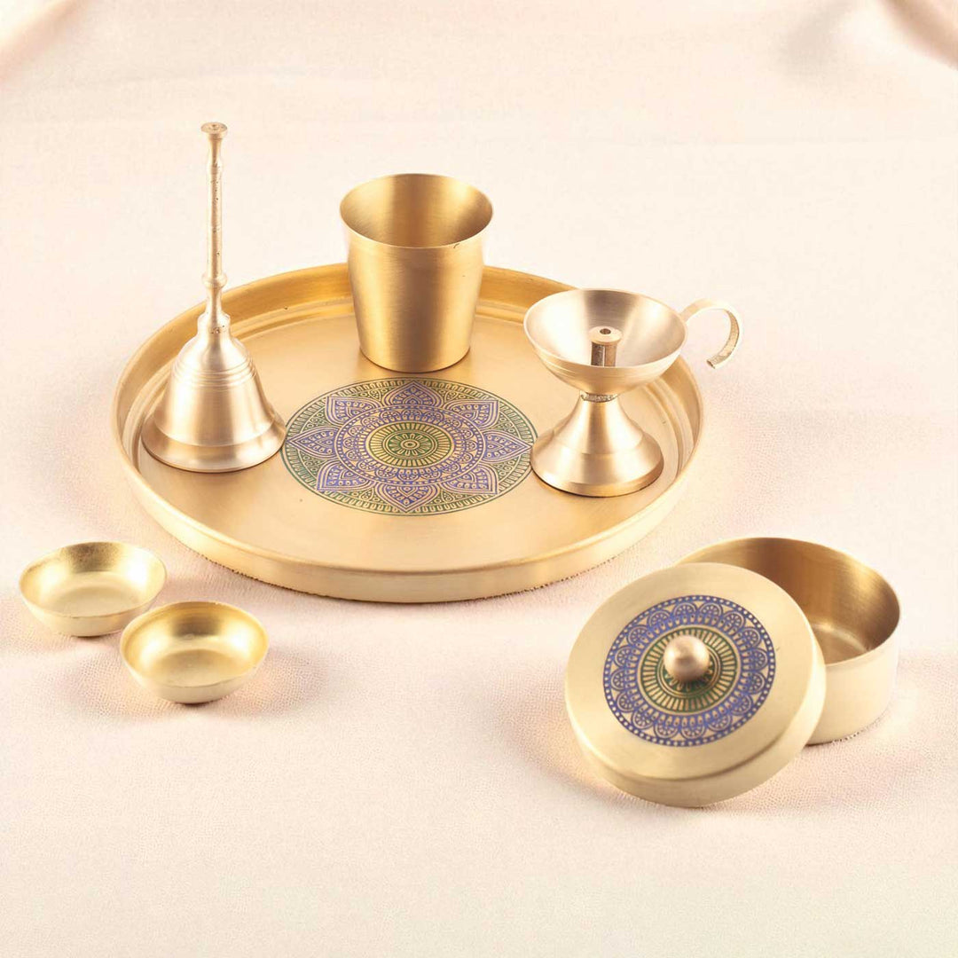 Hand-Painted Astha Pujan Brass Gift Hamper | Includes 1 Bell, 1 Diya, 2 Kumkum Katori, 1 Prasad Box, 1 Glass And 1 Pooja Plate