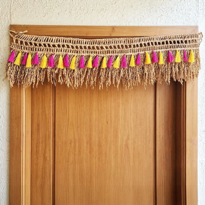 Handmade Dried Paddy Pink & Yellow Tassel Toran