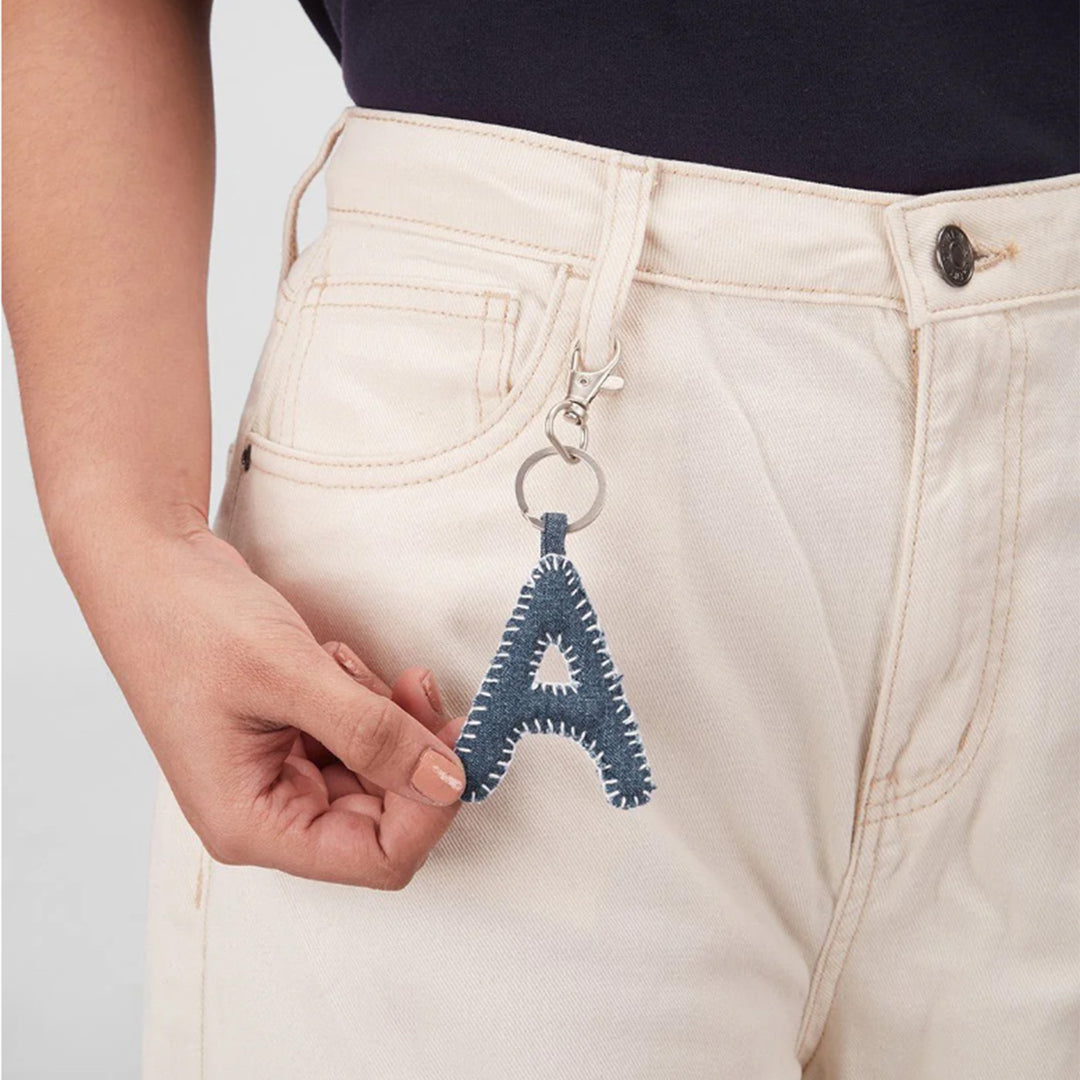Hand Embroidered Upcycled Jeans Fabric Alphabet Charm Keychain