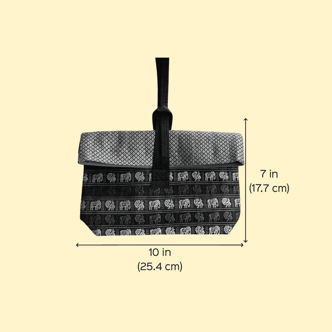 Handmade Grey Elephant & Peacock Khunn Fabric Cotton Wrist Purse