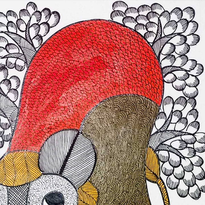 11 x 15 Inch | Lion of the Sacred Grove | Original Hand Painted Tribal Gond Art Painting | Acrylic Paints On Paper