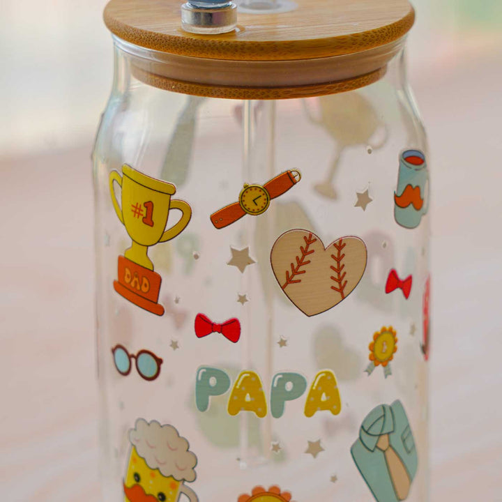 Cute Printed "Dad" Theme Glass Tumbler With Straw For Kids