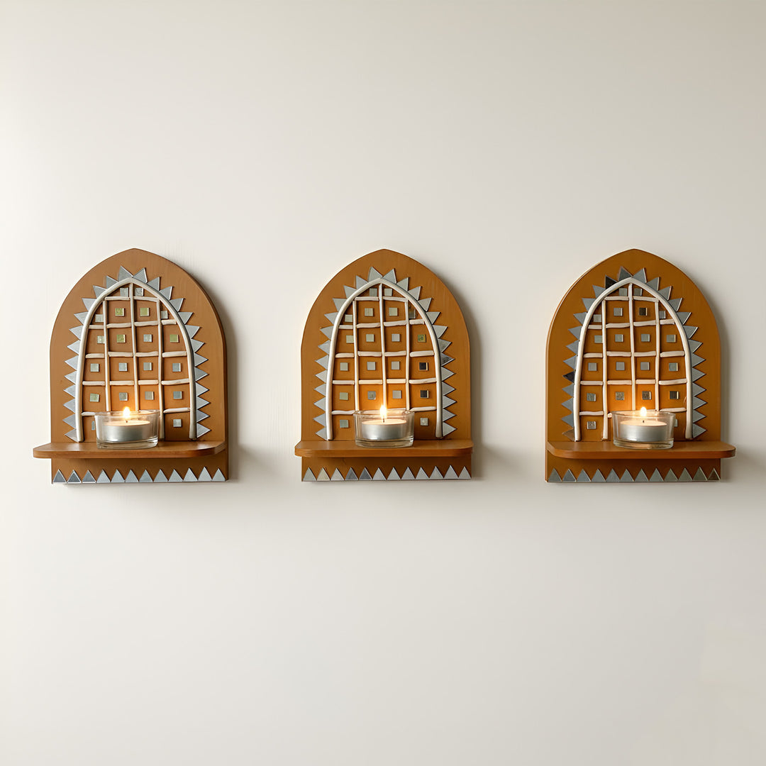 Hand-Painted Mirror Work Jharokha MDF Wood Tealight Holder