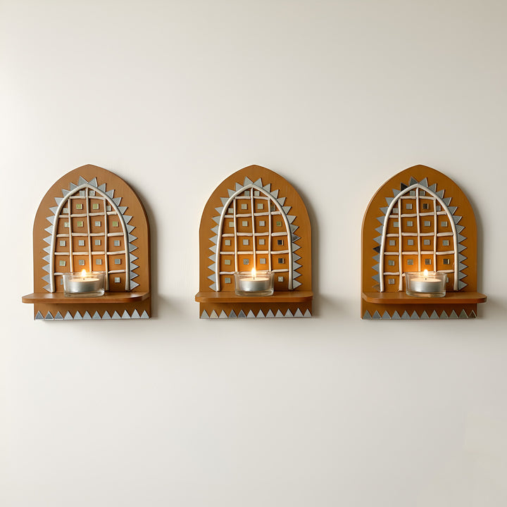 Hand-Painted Mirror Work Jharokha MDF Wood Tealight Holder