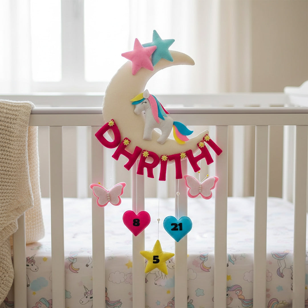 Hand-stitched Unicorn Themed Felt Moon Nameplate with Birthdate