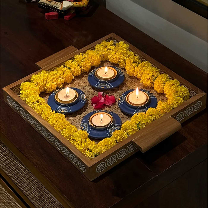 Set of 5 | "Blue Rhythm" Hand-Painted Terracotta Disc & Long Diya Tealight Holders For Festive Decor