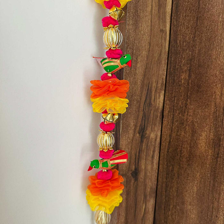 5 Pc | Handmade Decorative Yellow & Orange Parrot Hangings With Tissue Fabric Flowers