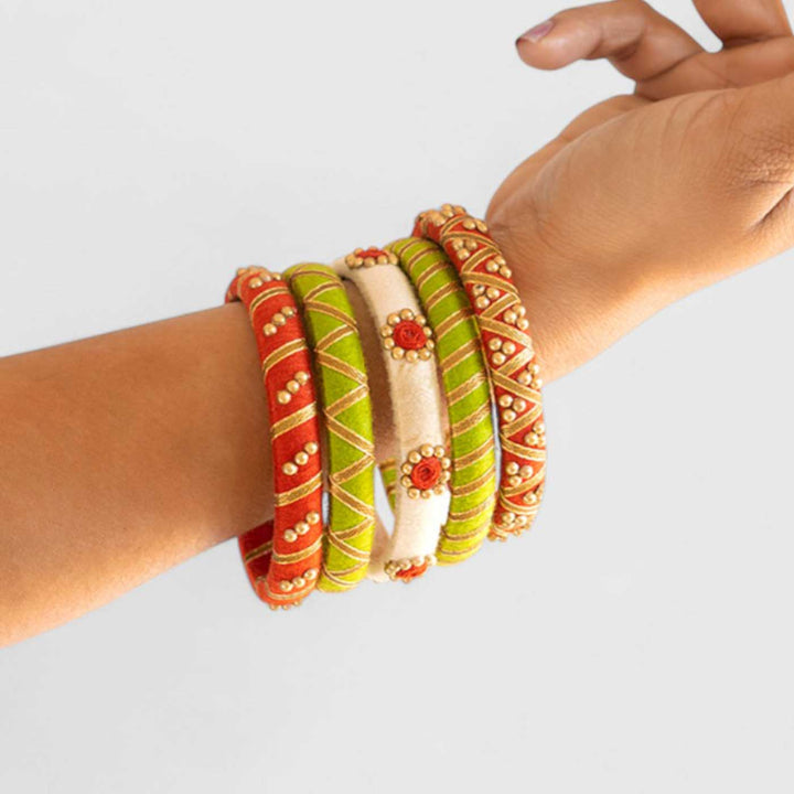 Multicolor Handcrafted Elegant Beads & Gotta Patti Bangles | Set of 5