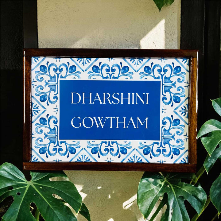 Blue Tile Vintage Personalized Rectangle Resin & Teak Wood Frame Name Plate For Home