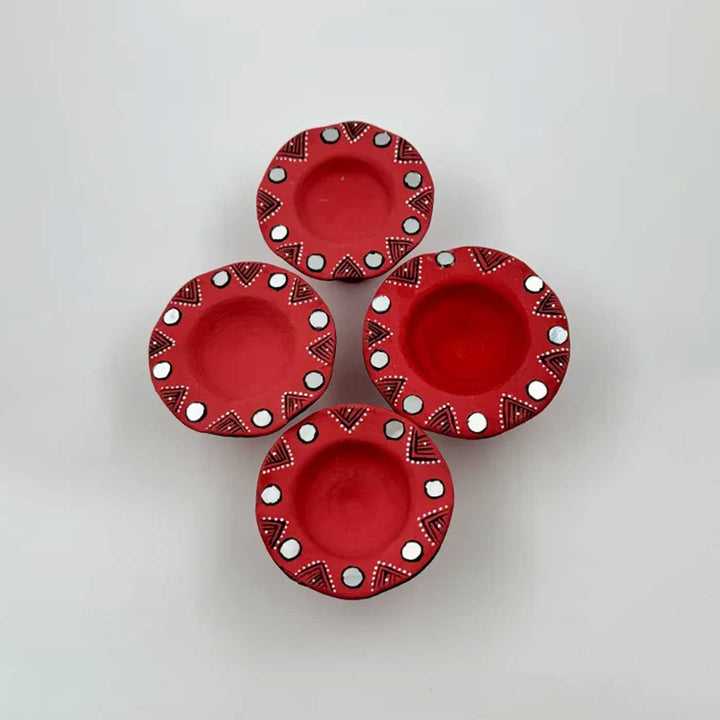 Set of 6 | Red Hand-Painted Flower-Shaped Terracotta Diya Tealight Holders For Festive Decor