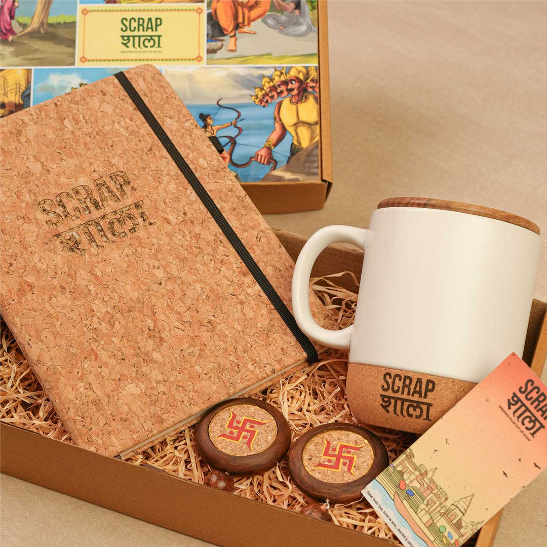 Handmade Subh Aarambh Gift Hamper | Includes Coffee Mug With Lid, Cork Planner Diary, Swastik Door Hanging Pair, Seed Card And Outer Box