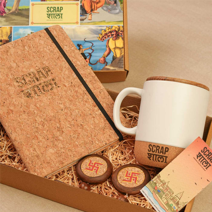 Handmade Subh Aarambh Gift Hamper | Includes Coffee Mug With Lid, Cork Planner Diary, Swastik Door Hanging Pair, Seed Card And Outer Box