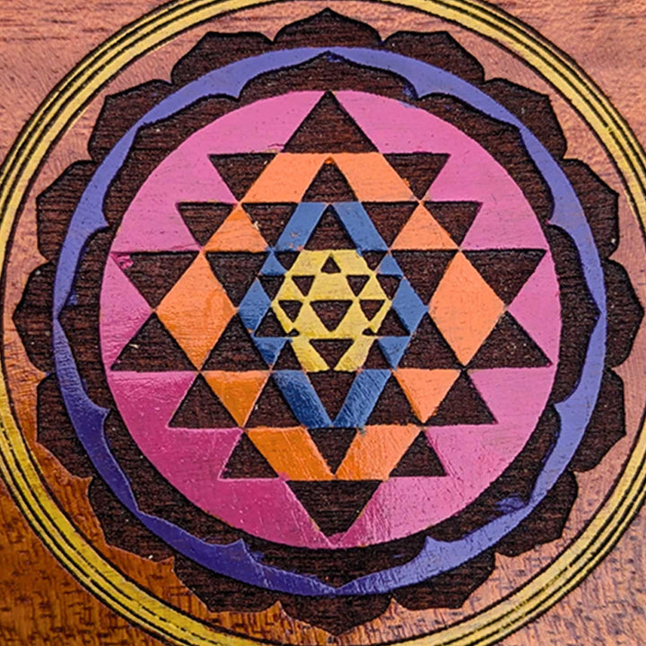 Engraved & Hand-Painted Sri Chakra Mahogany Wood Fridge Magnet