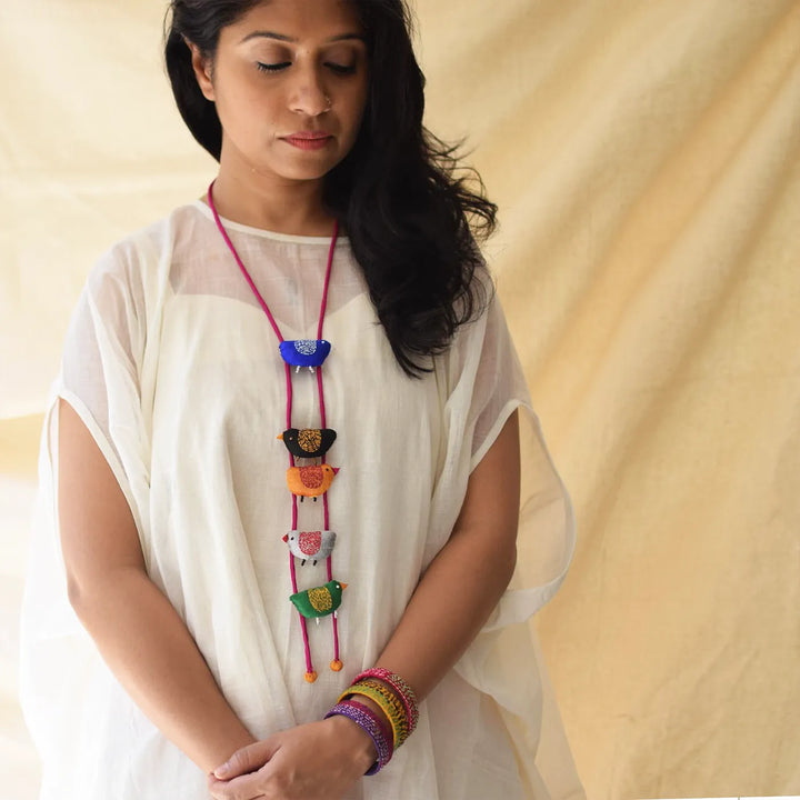 Handmade Textile Art Bulbul Bird Dupion Silk Fabric Necklace