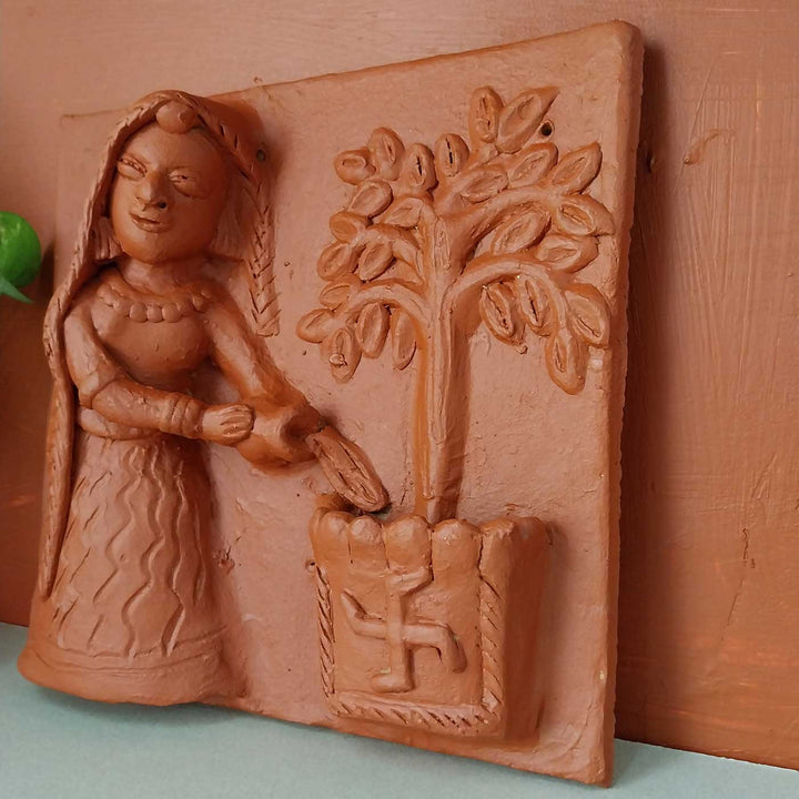 9 x 9 Inch | Village Woman With Tulsi Pot | 3D Handmade Terracotta Molela Mural Wall Art Tile