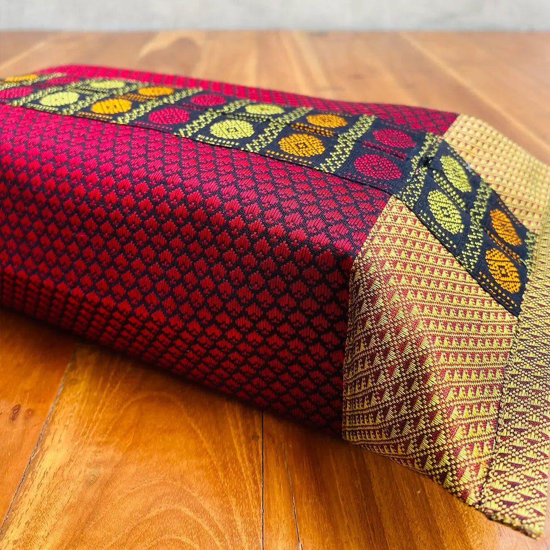 Handmade Red & Gold Rudraksha Design Khunn Fabric Cotton Tissue Box Cover