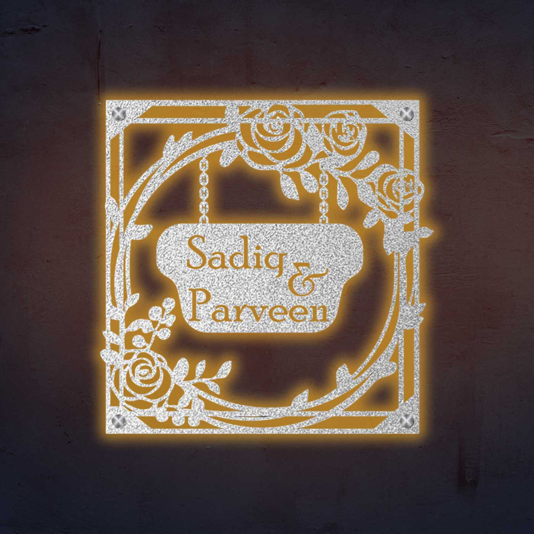 Personalized Laser Cut Rose Theme Steel Name Plate