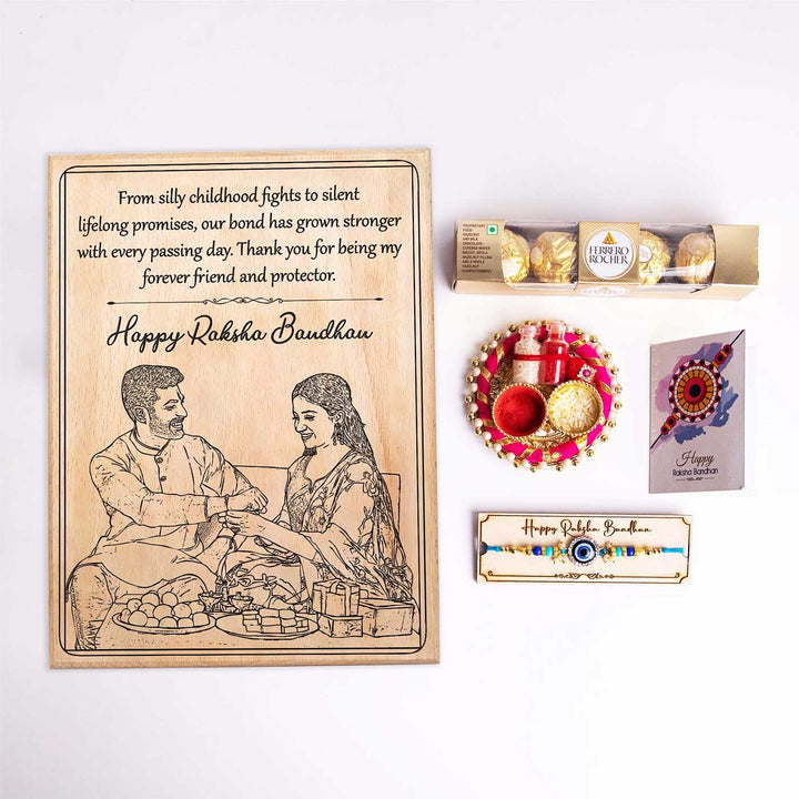 Photo Personalized Engraved Raksha Bandhan Theme Square Wooden Decorative Plaque Rakhi Hamper Includes 1 Rakhi 1 Plaque 1 Chocolate 1 Card And 1 Rakhi Plate - Plaque and Accessories Flat Lay
