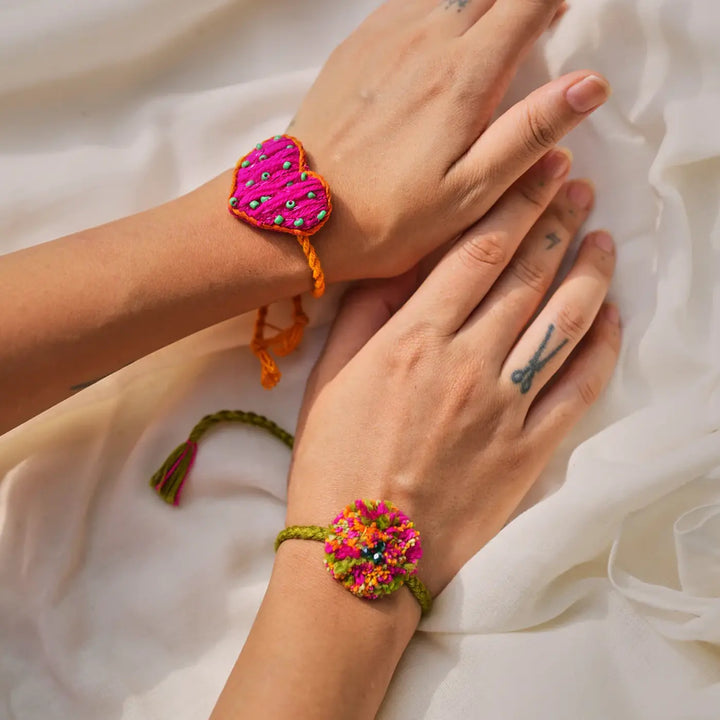 2 pc Rakhi + Brass Thali Set | Premium Dil Vali Beads & Pom Pom Rakhi Set with Roli Chawal