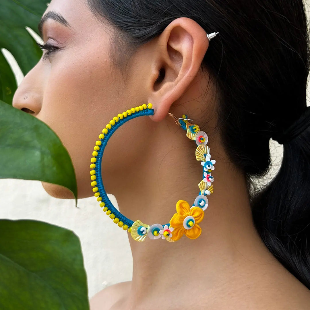 Hand Embroidered Beaded Yellow & Blue Garden Inspired Motifs Cotton Earrings
