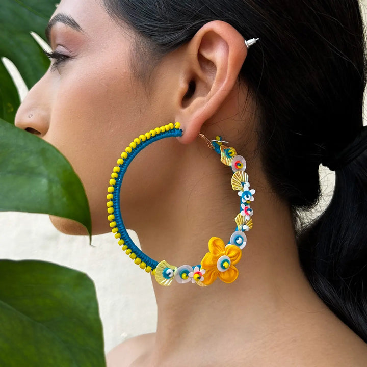 Hand Embroidered Beaded Yellow & Blue Garden Inspired Motifs Cotton Earrings