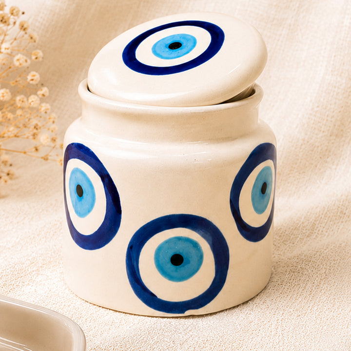 Evil Eye "Blue Protection" Ceramic Rakhi Set Hamper With Mug, Jar & Basket For Bhaiya Bhabhi