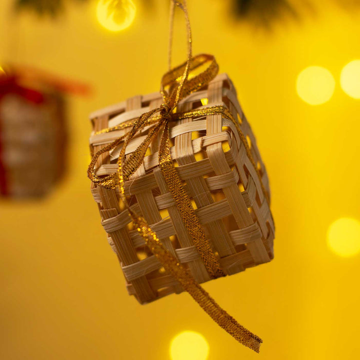 5 Pc | Handmade Bamboo Gift Box Hanging Christmas Ornaments | Assorted Colors