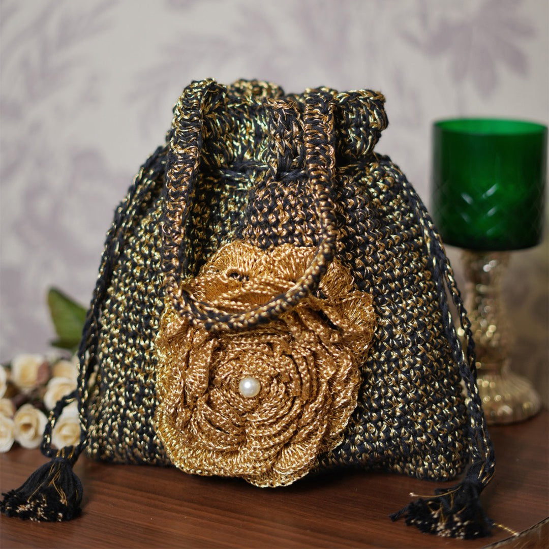 Handmade Crochet Black & Golden Midnight Bloom Potli