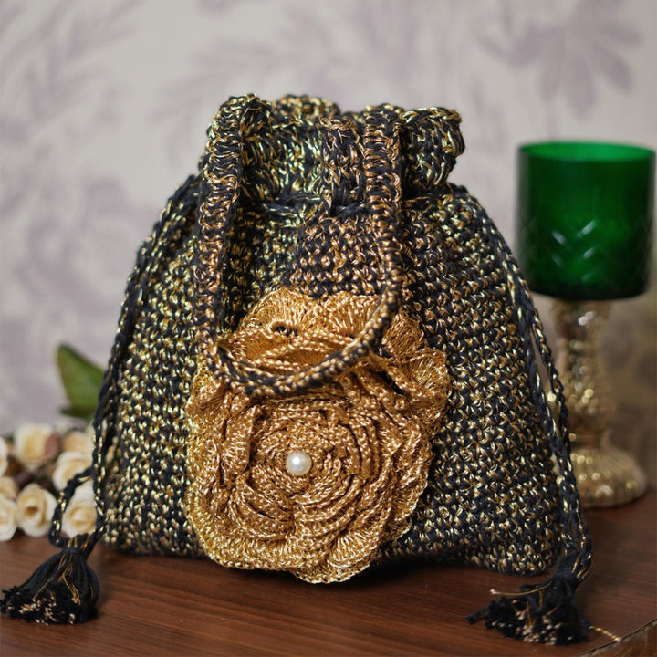 Handmade Crochet Black & Golden Midnight Bloom Potli