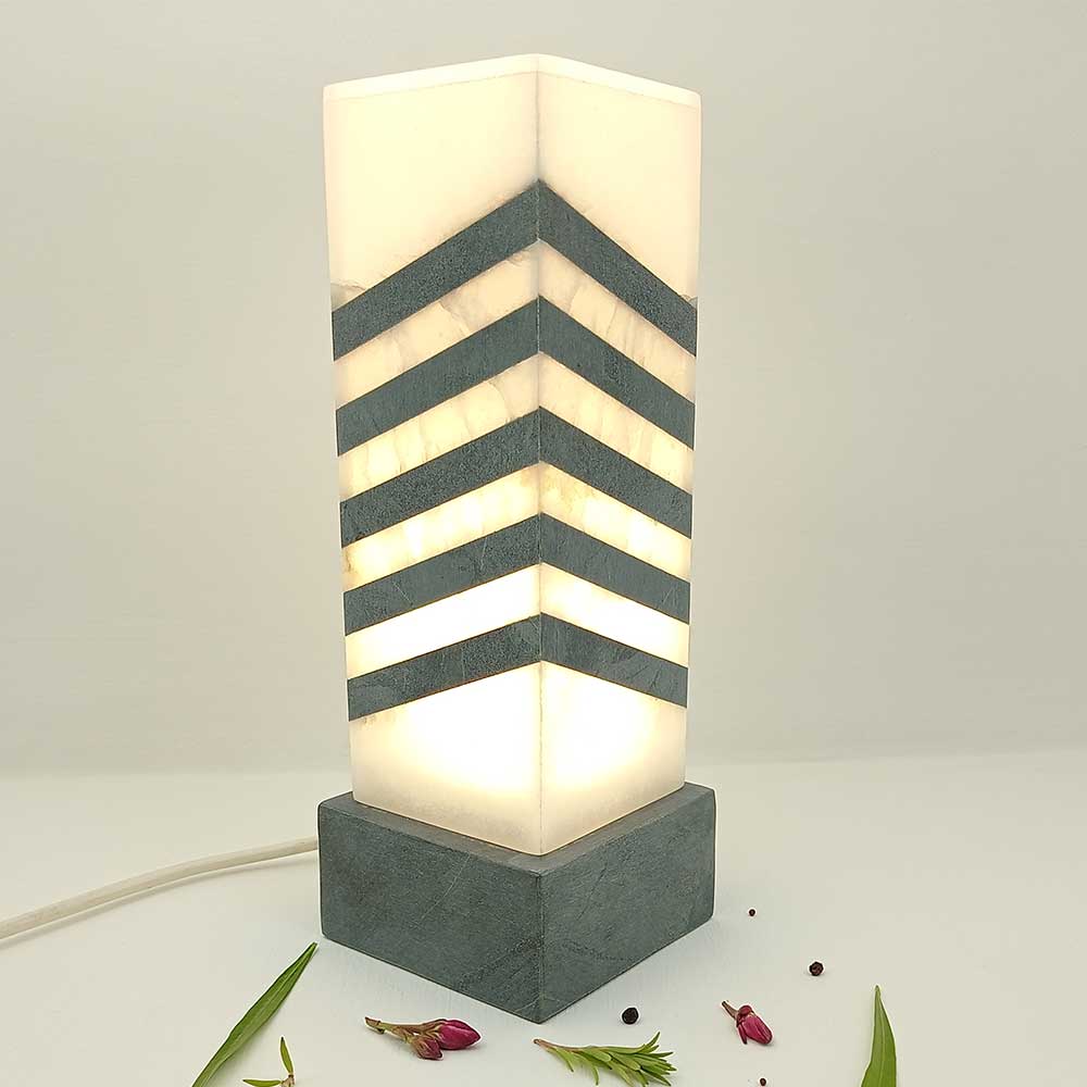 Handmade White Narobia Egyptian Stripes Alabaster Table Lamp