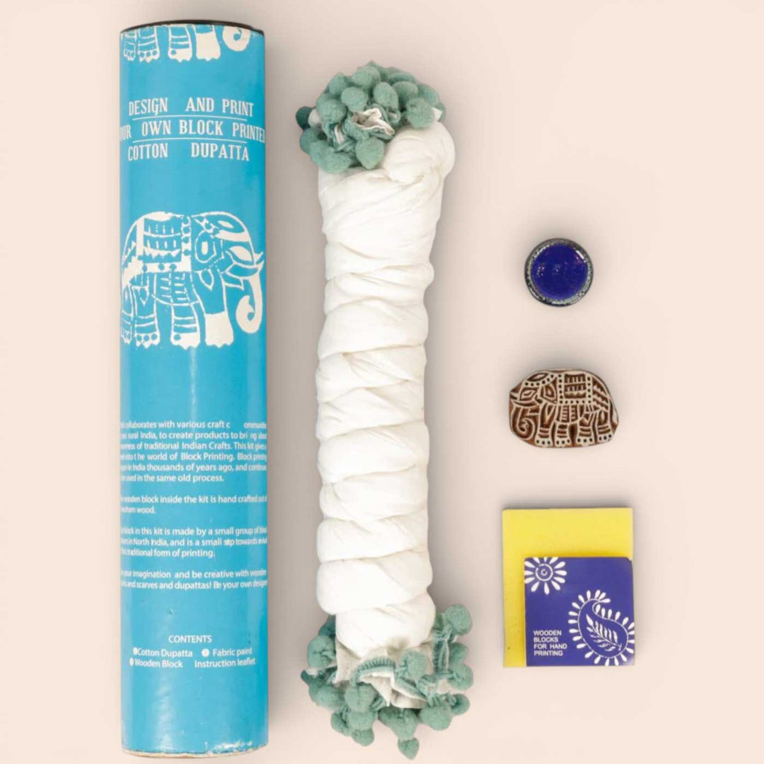 Blue Elephant Dupatta Block Print DIY Kit | Includes 1 White cotton dupatta, 1 Fabric paint, 1 Wooden block And 1 Sponge