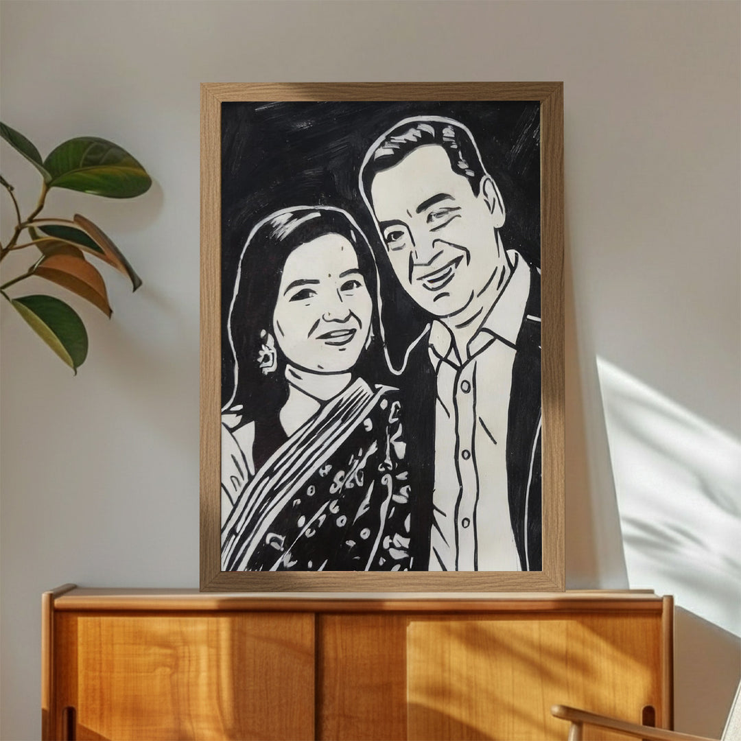 Photo Personalized Black & White Hand Painted Portrait With Premium Wooden Frame