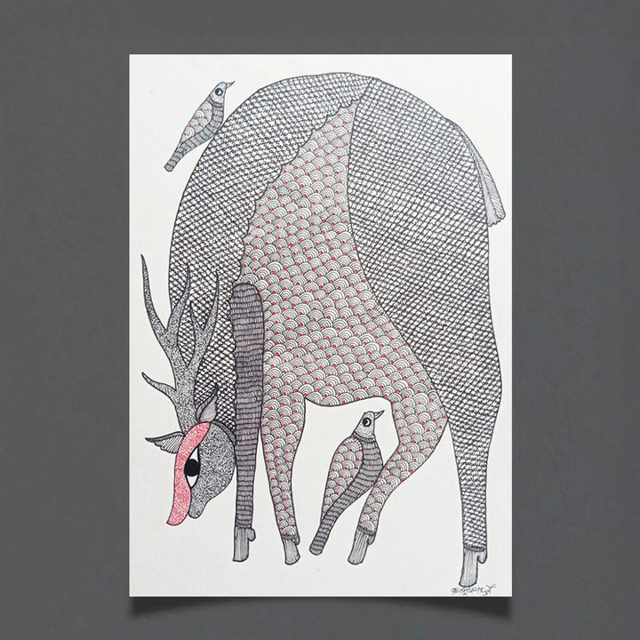 11 x 16 Inch | Deer & Bird Bond | Original Hand Painted Tribal Gond Art Painting | Acrylic Paint On Paper