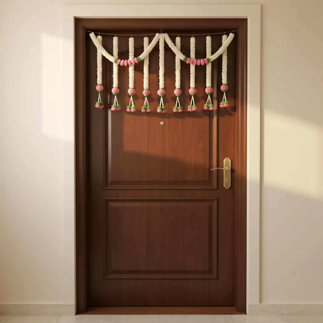 Bloom Royale White & Pink Shola Flower Entrance Decor | Includes Toran + 6 Hangings