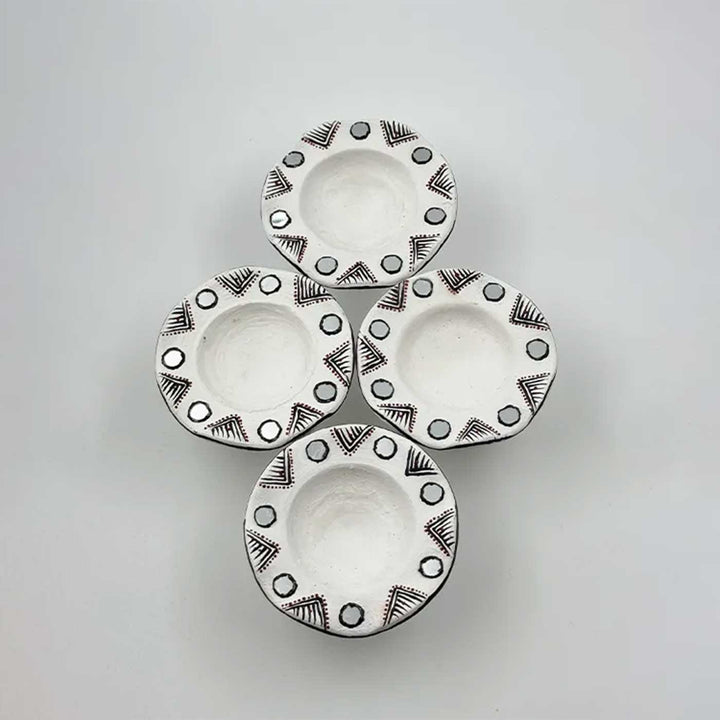 Set of 6 | White Hand-Painted Flower-Shaped Terracotta Diya Tealight Holders For Festive Decor