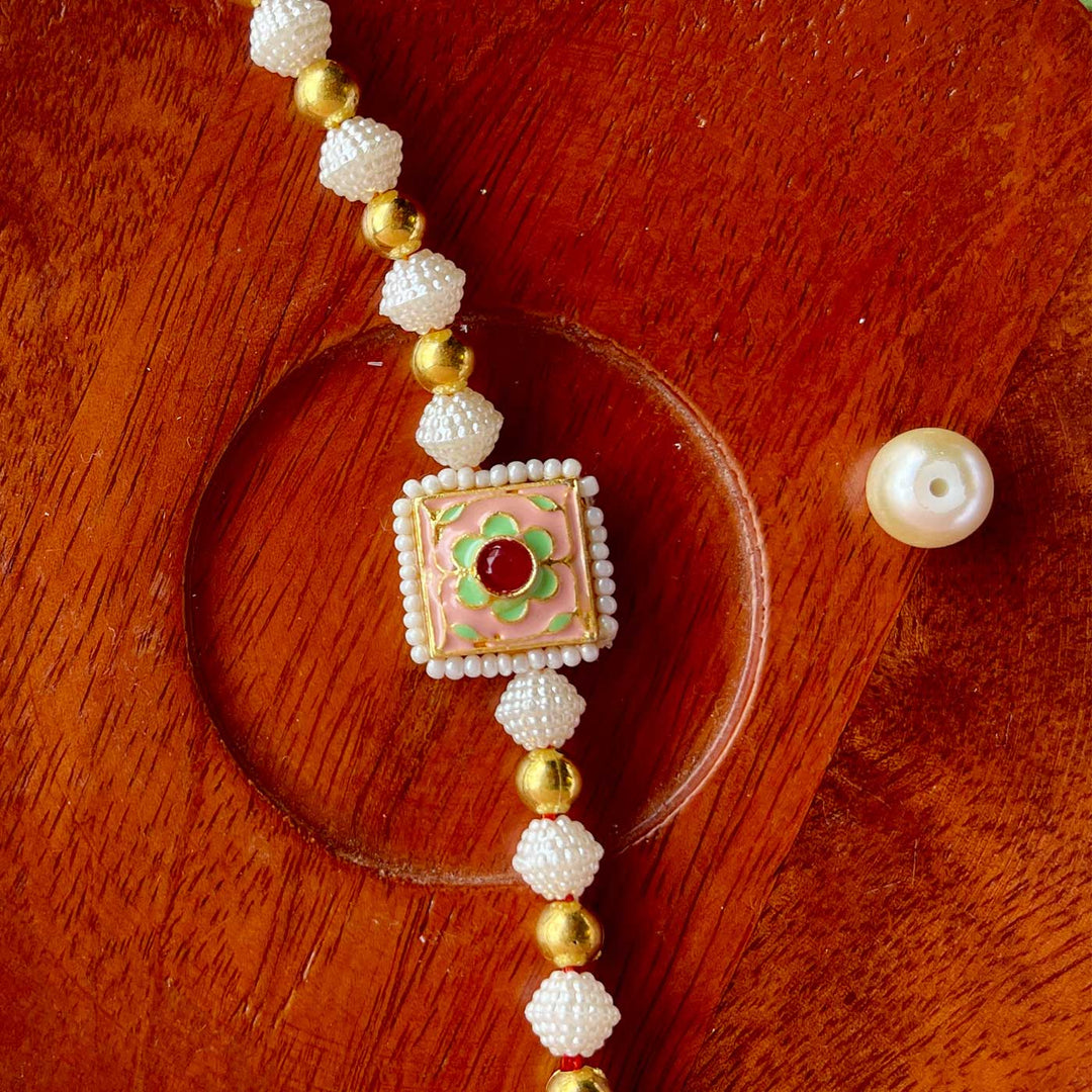 Handmade Square Flower Design Pearl And Stone Bhaiya Bhabhi Rakhi - Single Beaded Section Focus