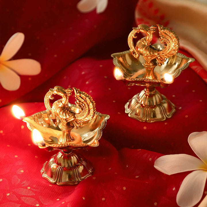 2 pc | Peacock Brass Oil Lamp With Stand For Festive Decor
