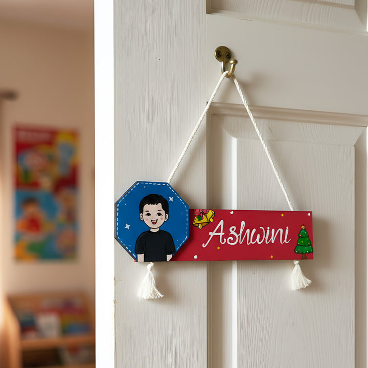 Photo Personalized Hand-Painted Christmas Theme MDF Wood Name Plate