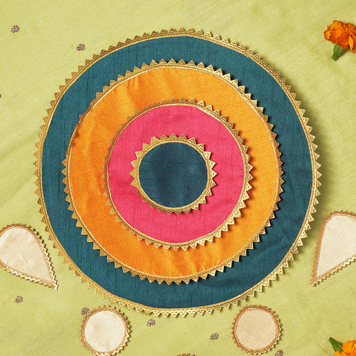 Handmade Round Raw Silk Pooja Asan/Rangoli Mat | Set Of 4