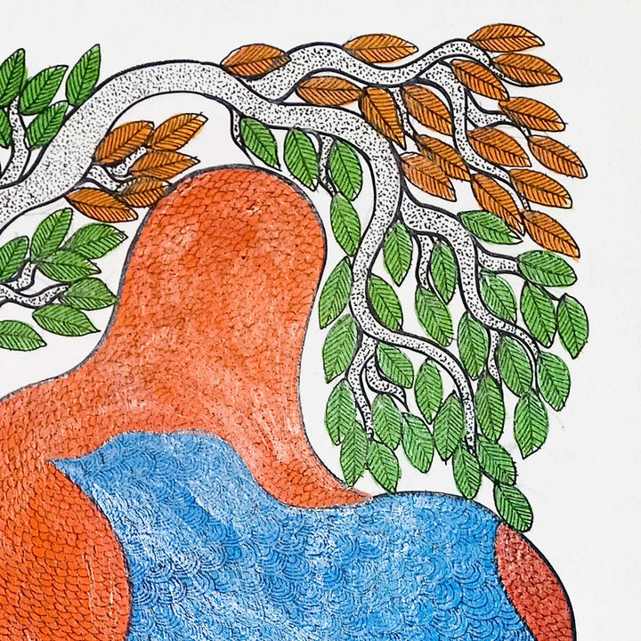 11 x 15 Inch | A Mother’s Embrace Of Cow | Original Hand Painted Tribal Gond Art Painting | Acrylic Paint On Paper