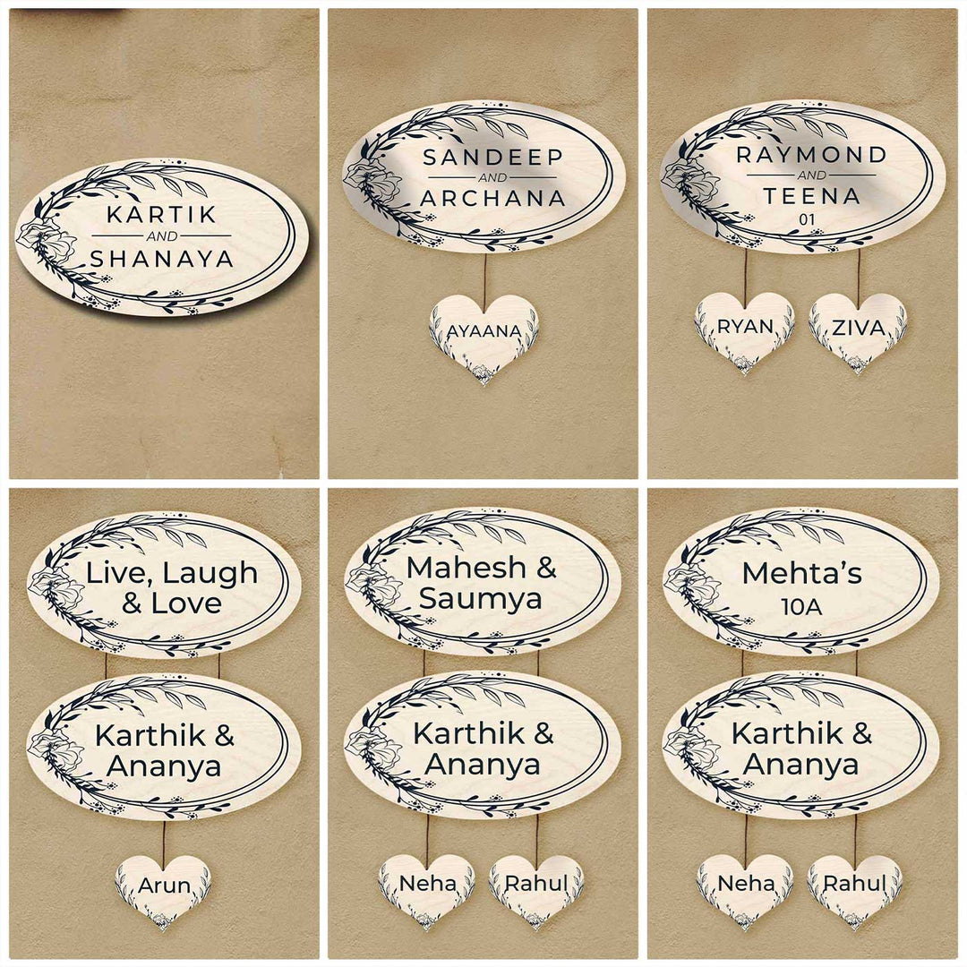 Printed Floral Wooden Oval Nameplate For Couples
