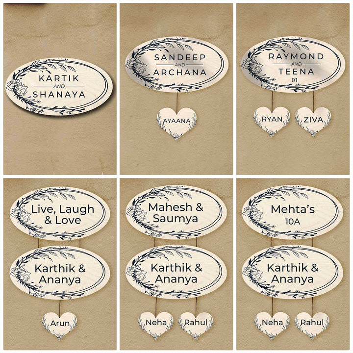 Printed Floral Wooden Oval Nameplate For Couples