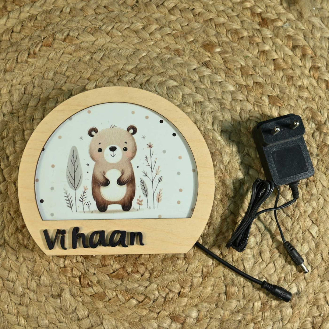 Personalized Bear Theme Wooden Table Lamp With 3D Letters