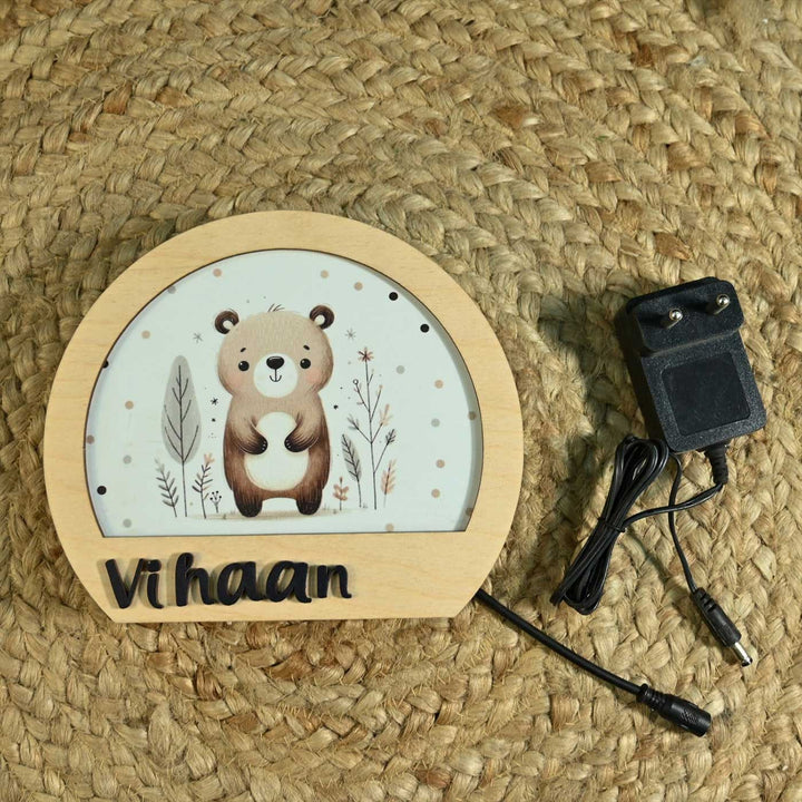 Personalized Bear Theme Wooden Table Lamp With 3D Letters