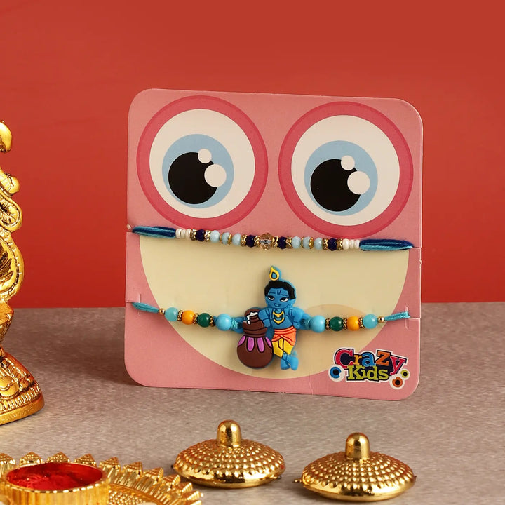 Handmade Krishna Rakhi Hamper | Includes 1 Krishna With Flute Idol, 2 Rakhis, 1 Roli Chawal