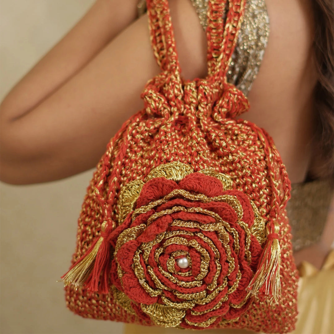 Handmade Crochet Heritage Red Potli