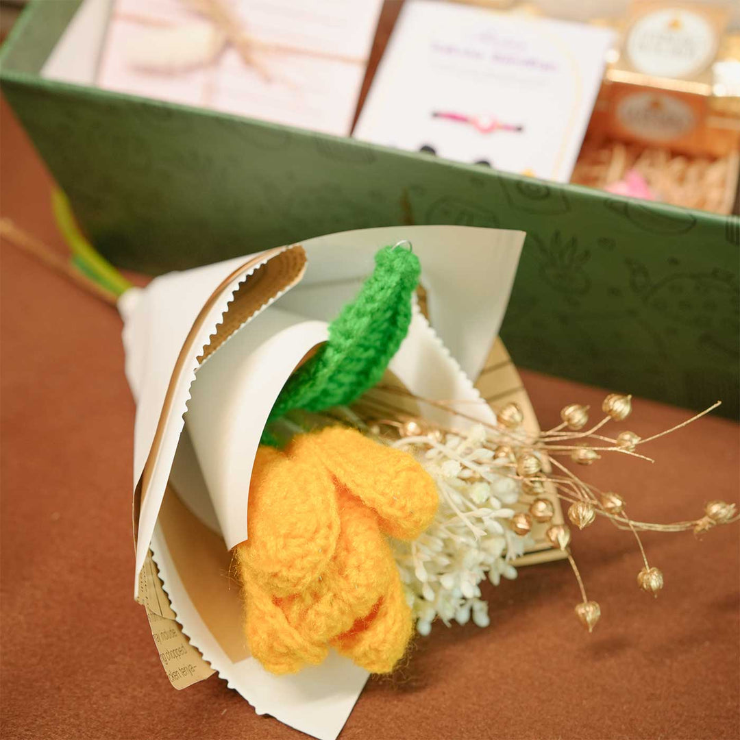 Personalized Handmade Crochet Flower Lover Rakhi Hamper Includes 1 Gift Box 1 Crochet Flower 1 Rakhis 1 Roli Chawal 1 Candle And 1 Message Card - Close-up of Crochet Flower Bunch
