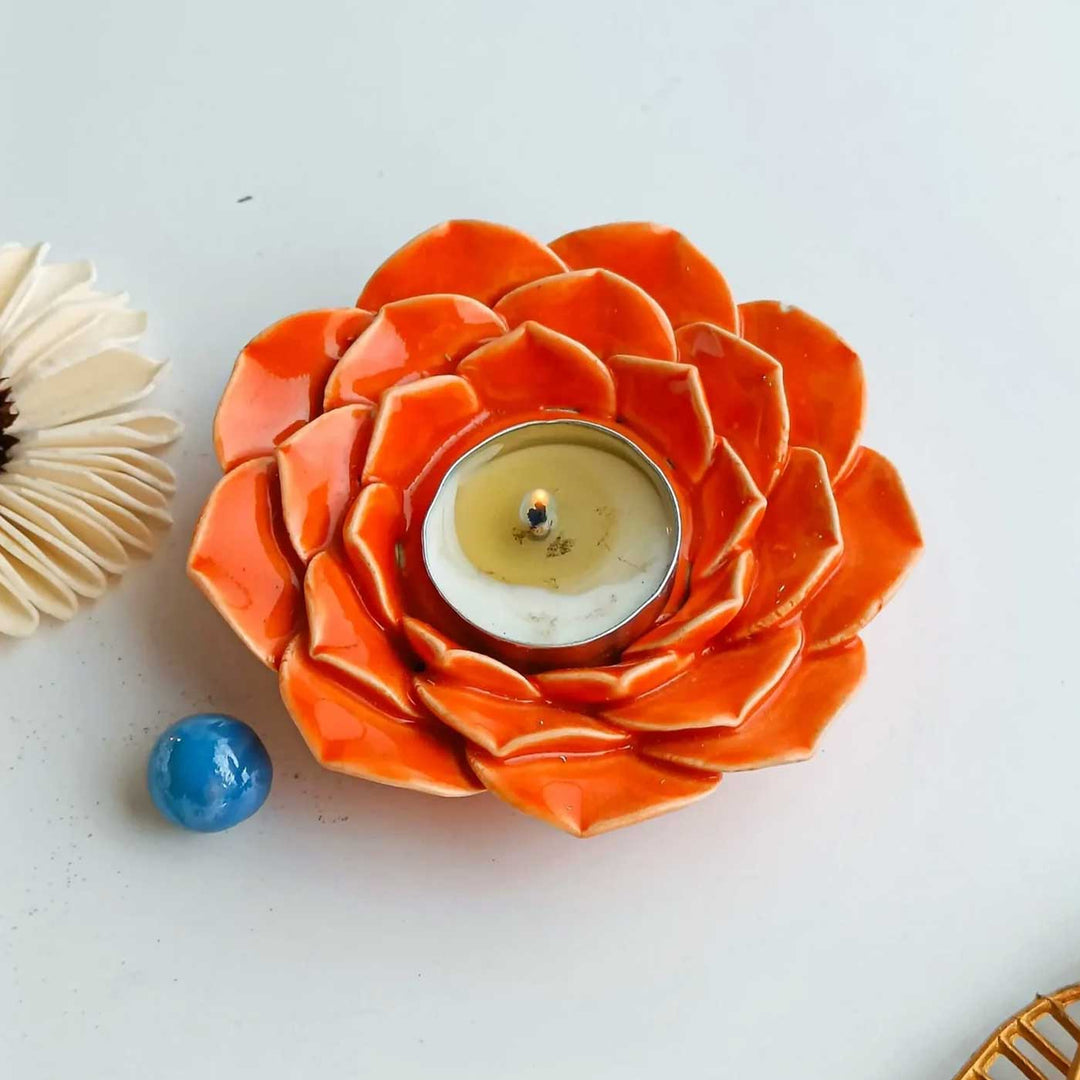 Set of 4 | Handmade Phoolrani Ceramic Tealight Holder